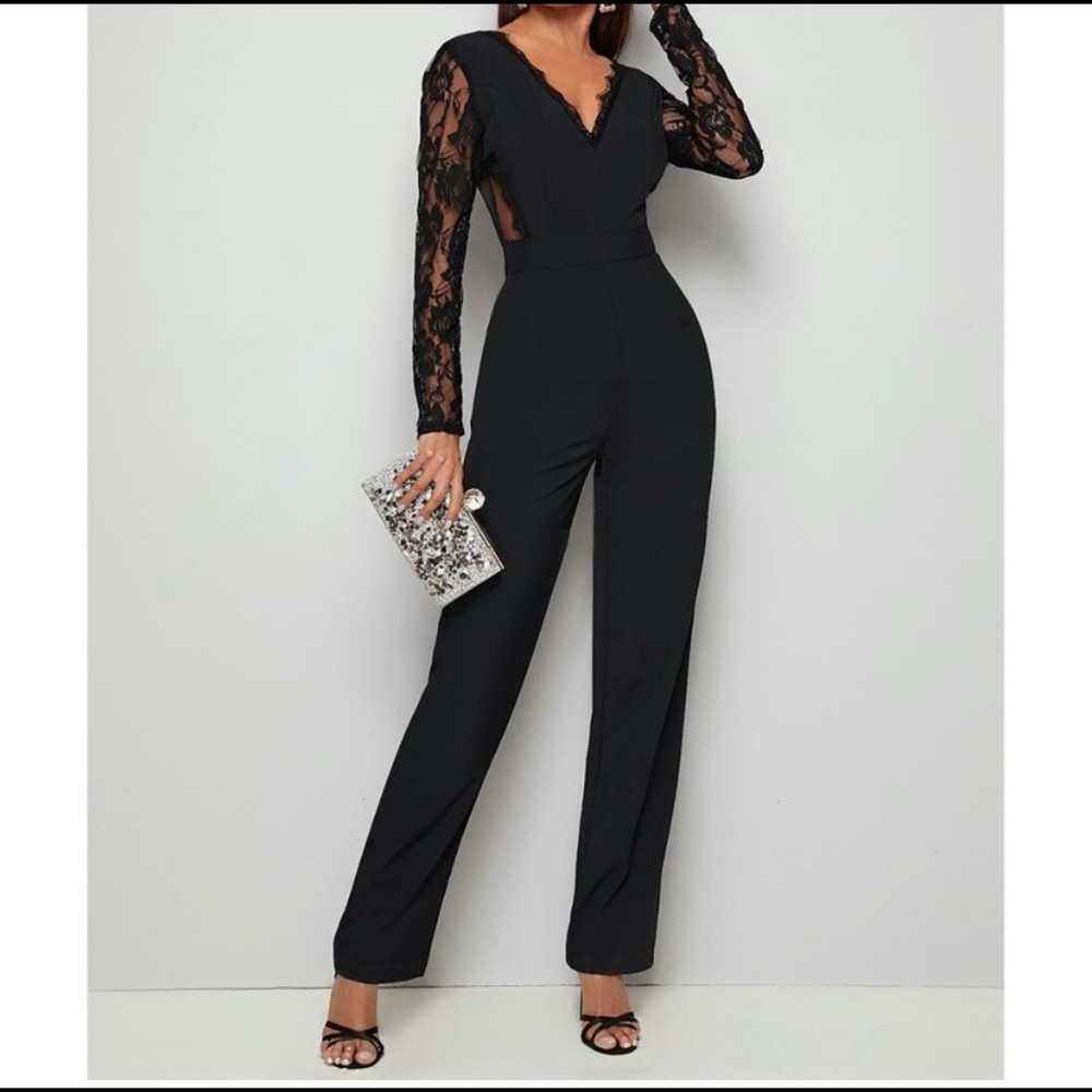 Black V Back Floral Mesh Lace Cocktail Jumpsuit